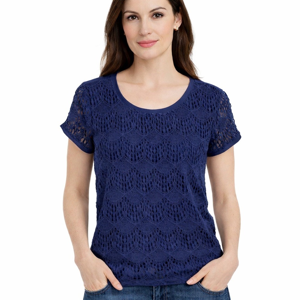 VERVE Ami Lace Blouse Womens Small Navy Scalloped Short Sleeve Zip Back